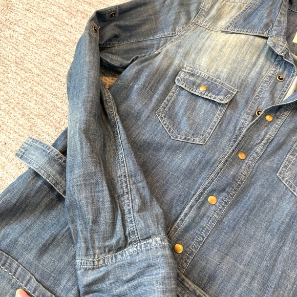 90s Life in Progress Distressed Denim Shirt Dress Roll Tab Sleeve Womans Size S - Picture 9 of 16